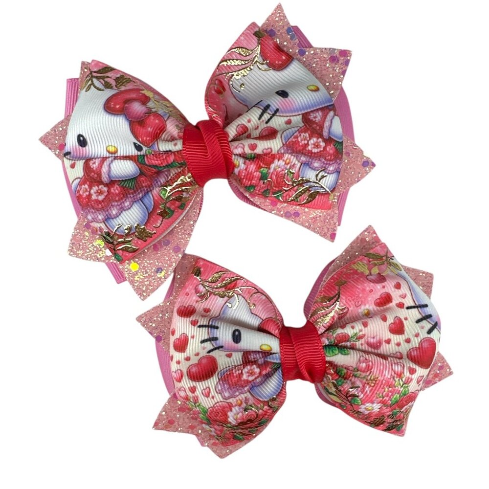 Hello Kitty Hair Bows for Girls – 2-Pack Pink Glitter Handmade Hair Clips – Soft